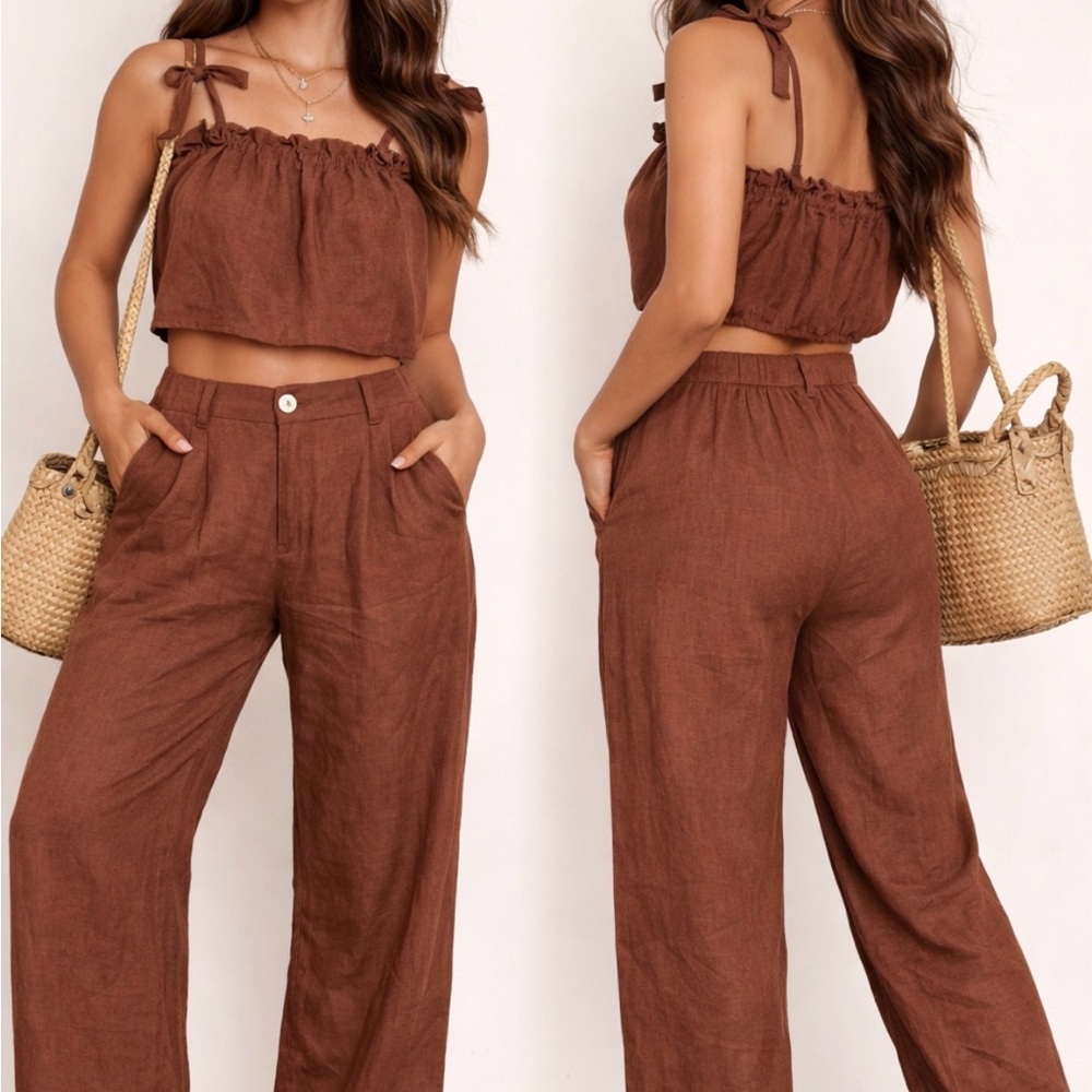 Wide Leg Linen Pants in Chocolate Brown